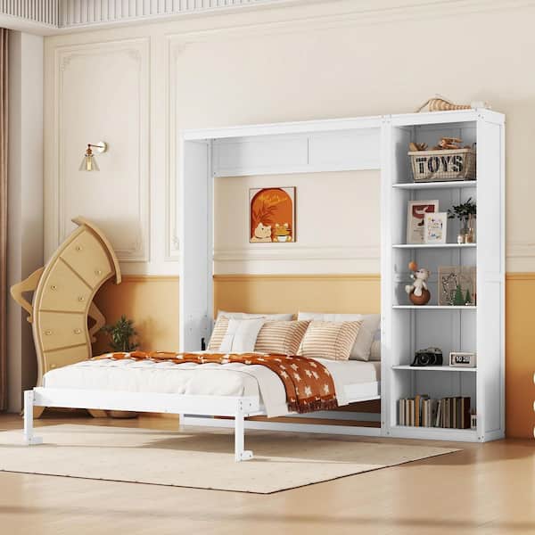 White Wood Frame Full Size Murphy Bed with Shelves