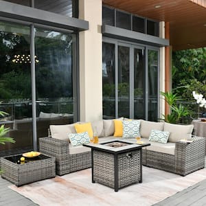 Crater Gray 7-Piece Wicker Wide-Plus Arm Outdoor Patio Conversation Sofa Set with a Fire Pit and Beige Cushions