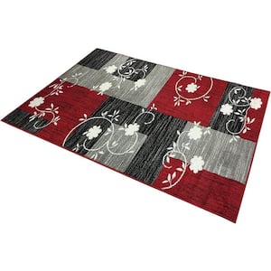 Designer Squares and Flowers Red 5 ft. x 7 ft. Classic Braided Modern Contemporary Polypropylene Rectangular Area Rug