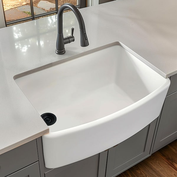 Bradstreet II 33 in. Farmhouse Apron Front Bow Front Single Bowl Crisp White Fireclay Kitchen Sink