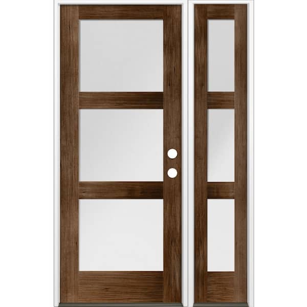 Krosswood Doors 50 in. x 80 in. Modern Hemlock 3-Lite Left-Hand/Inswing Frosted Glass Provincial Stain Wood Prehung Front Door w/RSL