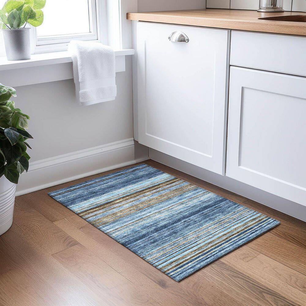 Navy and Brown Synthetic Striped Rectangular Indoor/Outdoor Rug