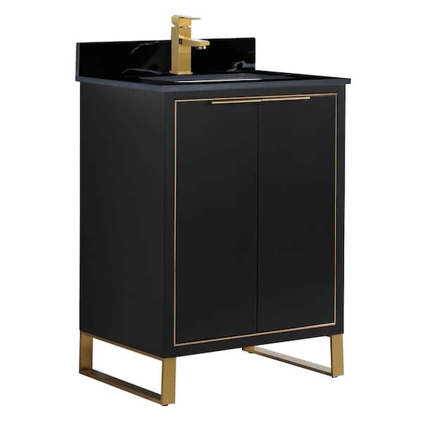FINE FIXTURES Opulence 24 in. W x 18 in. D x 33.5 in H. Bath Vanity in Black Matte with Black Marble Single Sink Stone Top