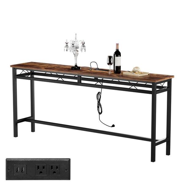 71 in. Narrow Sofa/Console Table with Charging Station and Power Outlet and USB Ports, Metal Frame, Brown