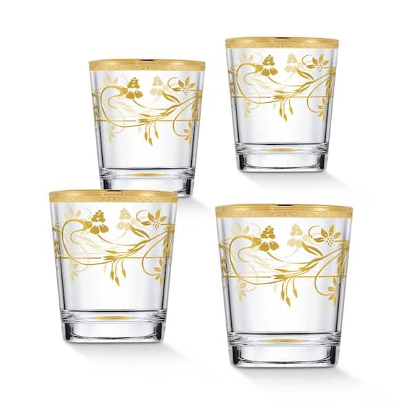 Lorren Home Trends 10 oz. Gold Floral Double Old Fashion Tumbler/Whiskey (Set of 4)