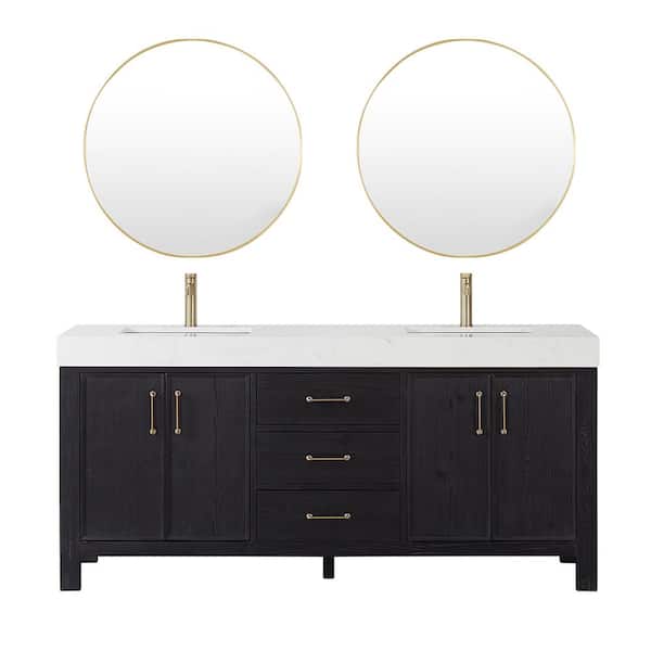 Leon 72 in. W x 22 in. D x 34 in. H Double Bath Vanity in Fir Wood Black with White Composite Stone Top and Mirror