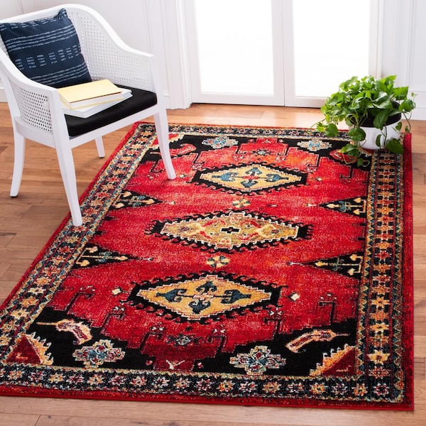 Vintage Hamadan Red/Black 9 ft. x 12 ft. Border Medallion Floral Area Rug