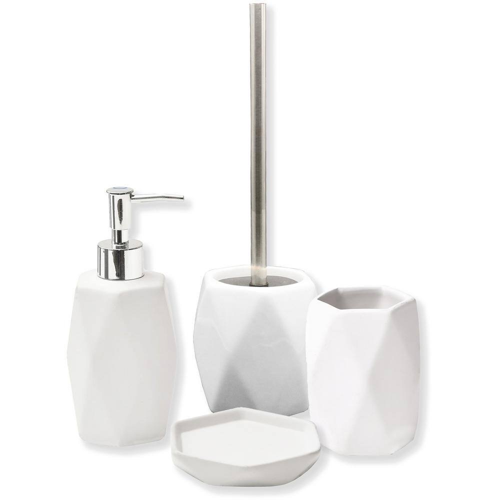 White Diamond Stoneware Toilet Brush Holder with Stainless Steel Handle