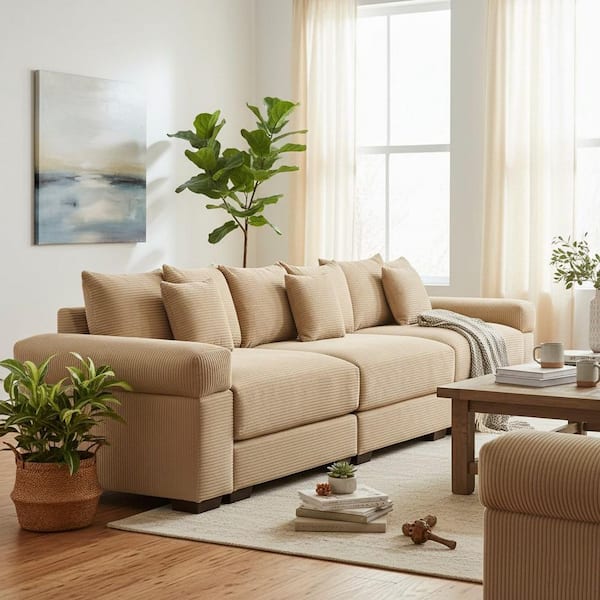 Homy Casa GLSMZT 129.9 in. Straight Arm 3-Piece Corduroy Modular Sectional Sofa and Ergonomic Design in Soft Ivory