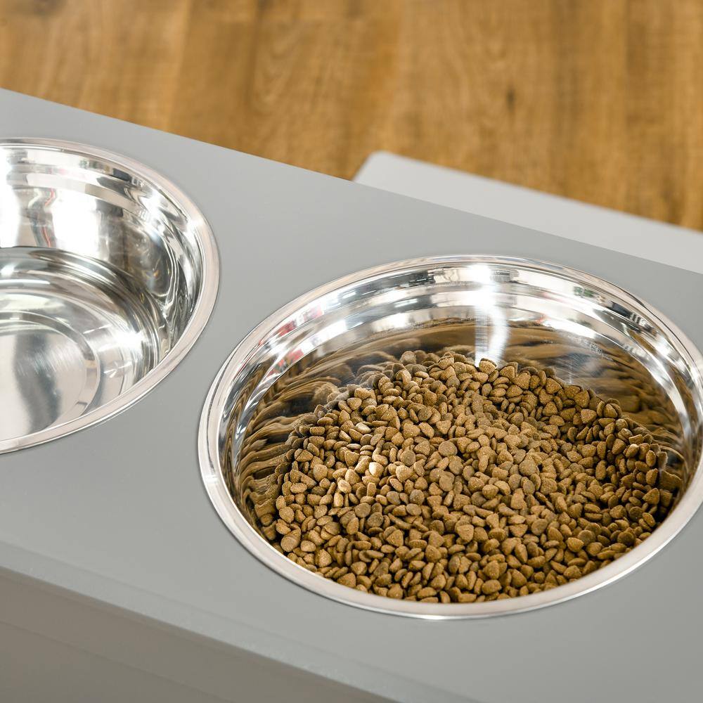 Gray Elevated Pet Feeding Station with Stainless Steel Bowls