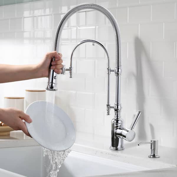 Solid Brass Single Handle Pull Down Sprayer Kitchen Faucet with Soap Dispenser in Chrome