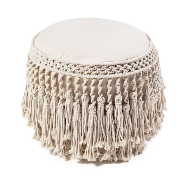 Anji Mountain Pretty Bird 18 in. x 20 in. Ivory Macrame Pouf