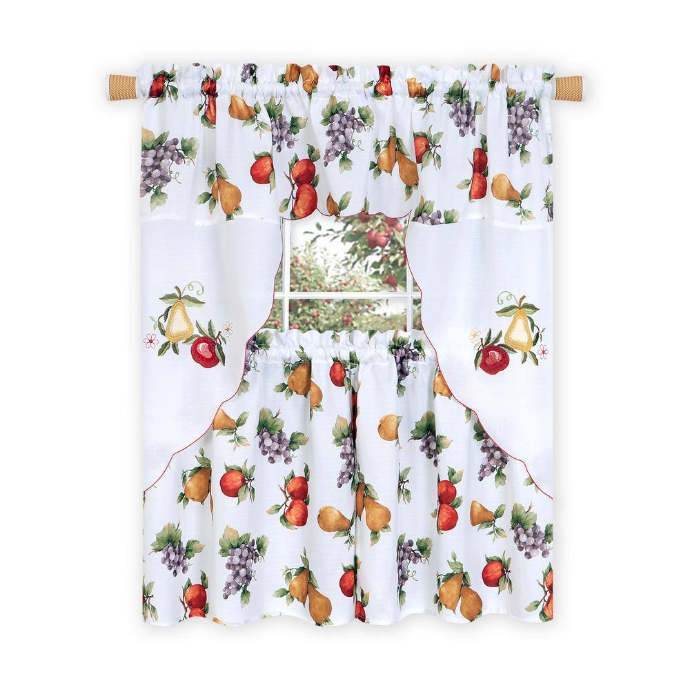 White Embroidered Fruit Print Polyester Tier Curtains