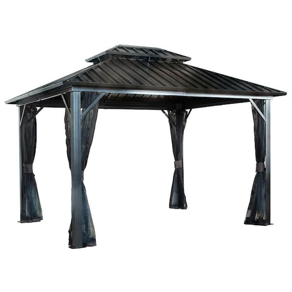 Genova 12 ft. x 16 ft. Dark Brown Double Roof Rustproof Aluminum Framed Gazebo