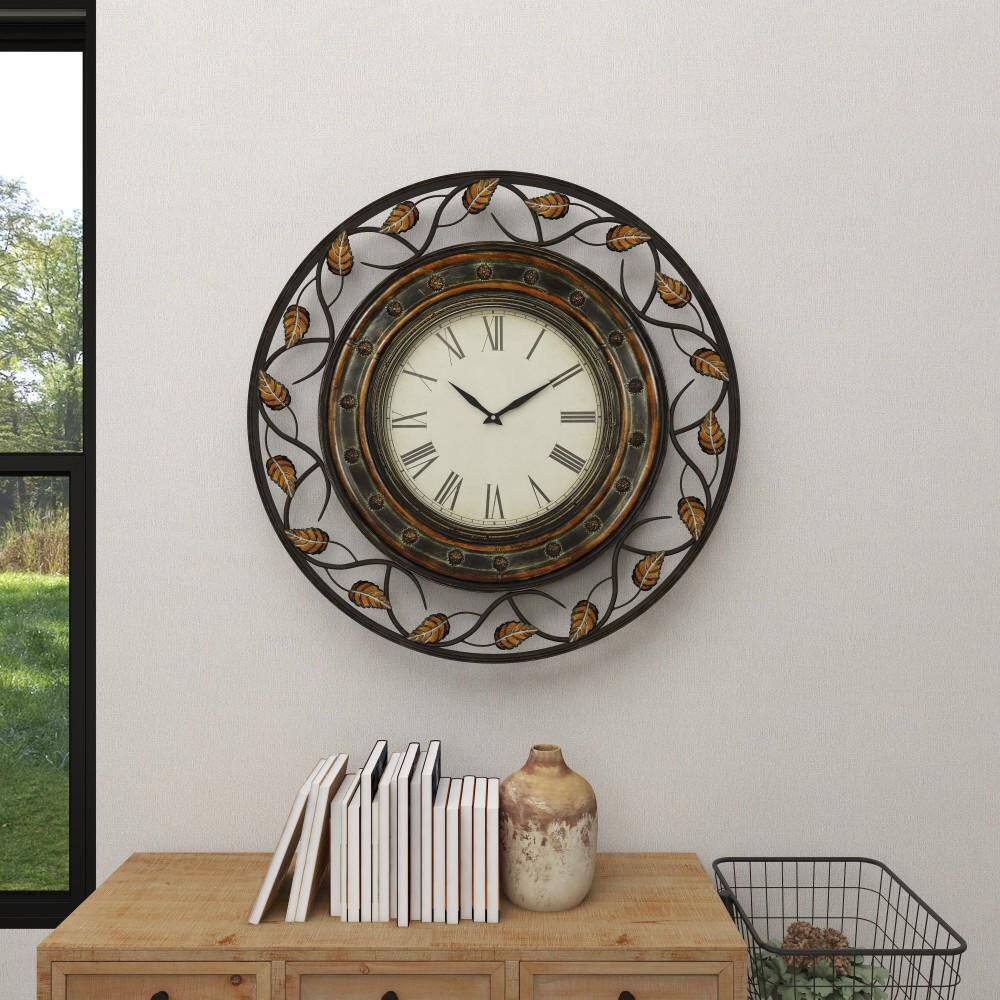36'' Brown Metal Leaf Medallion Wall Clock with Scrolled Vines