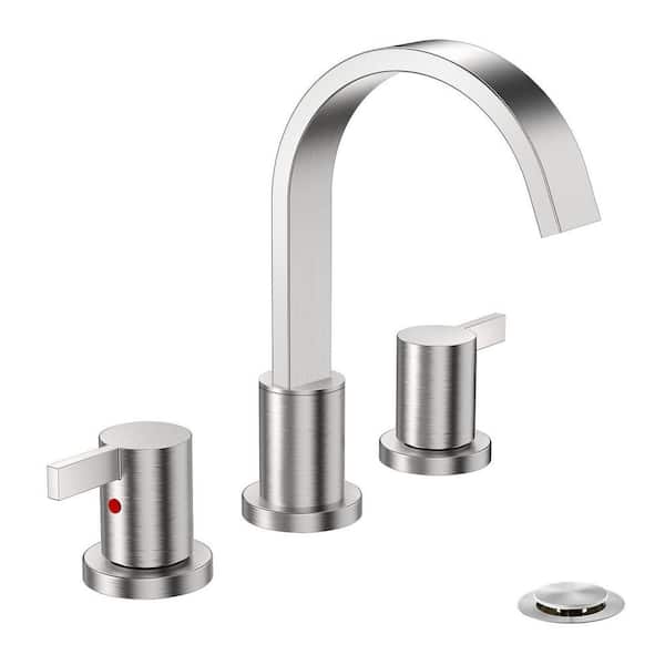 8 Inch Brushed Nickel Waterfall 2-Handle 3-Hole Widespread Bathroom Faucet with Pop-up Drain and Valve