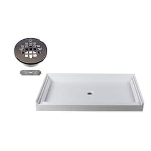 60 in. x 36 in. Single Threshold Alcove Shower Pan Base with Center Plastic Drain in Polished Chrome