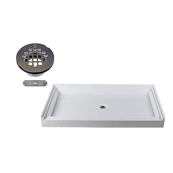 Westbrass 60 in. x 36 in. Single Threshold Alcove Shower Pan Base with Center Plastic Drain in Polished Chrome