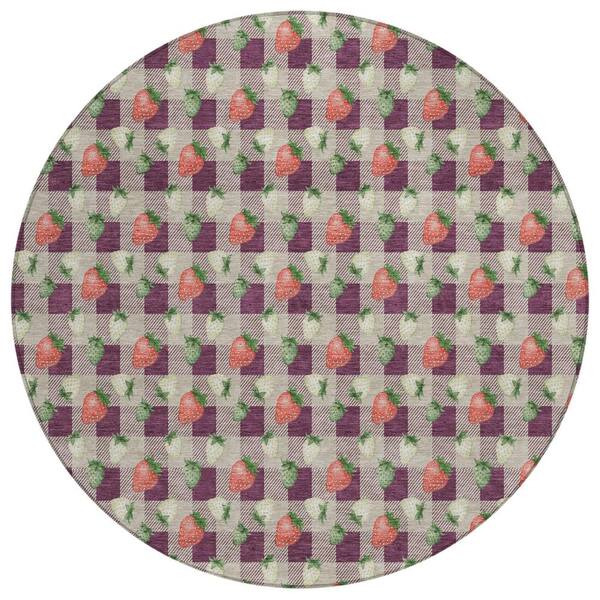 Chantille Machine Washable Indoor/Outdoor Abstract ACN2865 Eggplant 8 ft. x 8 ft. Round Rug