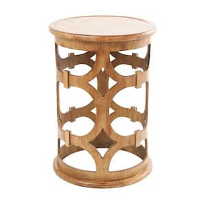 17 in. Brown Open Frame Geometric Large Round Wood End Table with Circular Cutouts
