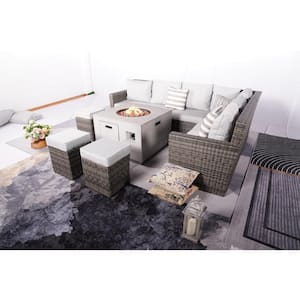 Tilia 8-Pieces Rock and Fiberglass Fire Pit Table Conversation Set with Gray Cushions and Storage Boxes