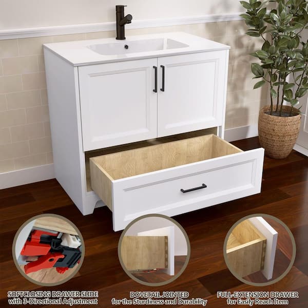 Solid Wood 36 in. Single Sink White Freestanding Bathroom Vanity Cabinet with Pure White Solid Surface Top Assembled