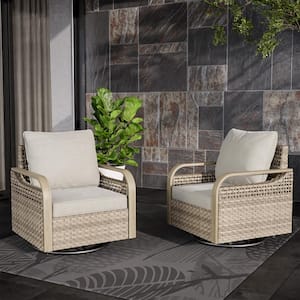 Outdoor Patio Swivel Brown Wicker Outdoor Rocking Chair with Gray Cushions (2 pack)