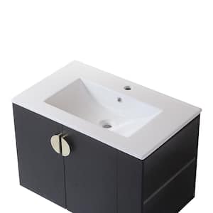 30 in. W x 19 in. D x 20 in. H Wall Mounted Bathroom Vanity with Single Sink and White Ceramic Top 2-Doors,Black