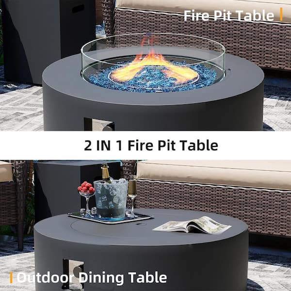 42 in. Round Iron Outdoor Fire Pit Table with Tank Cover, Lid, Wind Guard and Rain Cover in Dark Gray