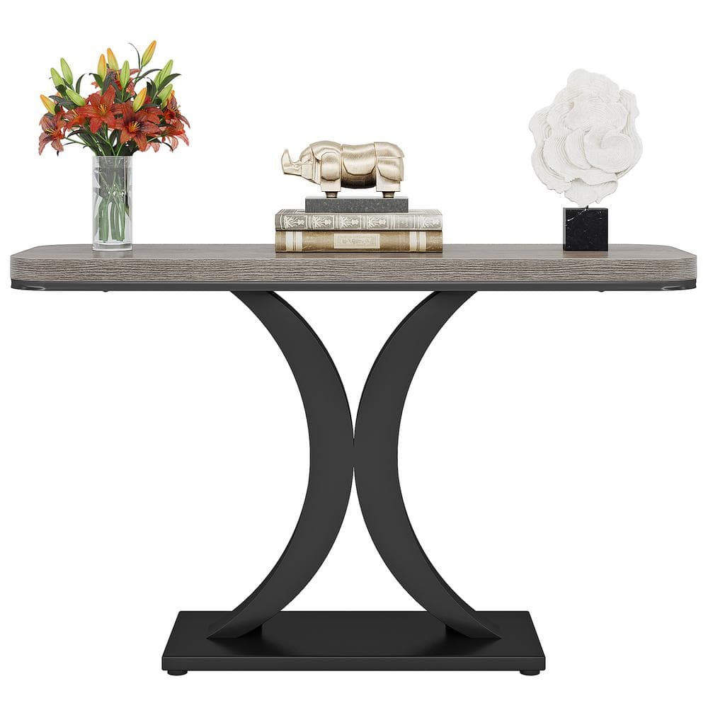 Turrella 40 in. Grey Rectangle Engineered Wood Console Table with Geometric Base, Accent Table for Living Room, Entrance