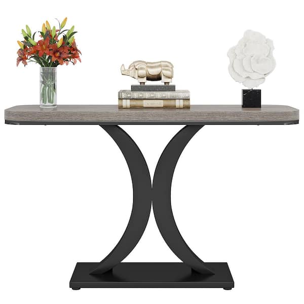 BYBLIGHT Turrella 40 in. Grey Rectangle Engineered Wood Console Table with Geometric Base, Accent Table for Living Room, Entrance