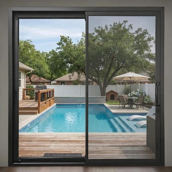 72 in. x 80 in. Matte Black Right Handle Aluminum Sliding Patio Door with Low-E glass, Screen, and Lockset