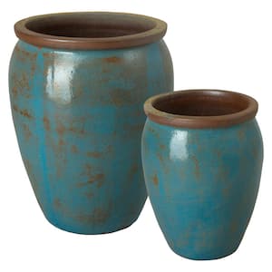 22, 29 in. H Ceramic Round Planters, S/2 Turquoise Wash