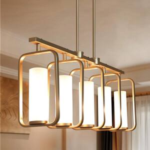 Modern Dining Room Linear Chandelier(s) 5-Light Gold Bedroom Chandelier Rectangle Chandelier with Frosted Glass Shades