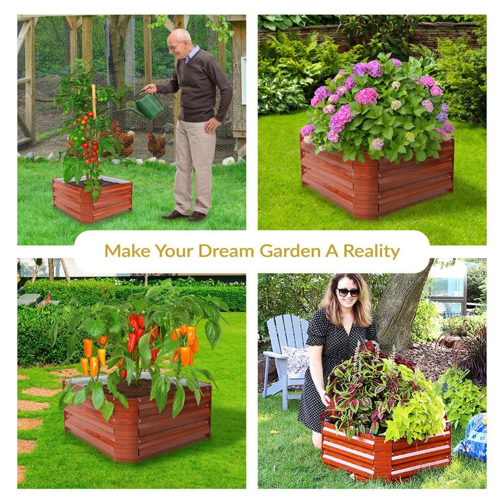 24" Square Brown Woodgrain Galvanized Steel Raised Garden Bed