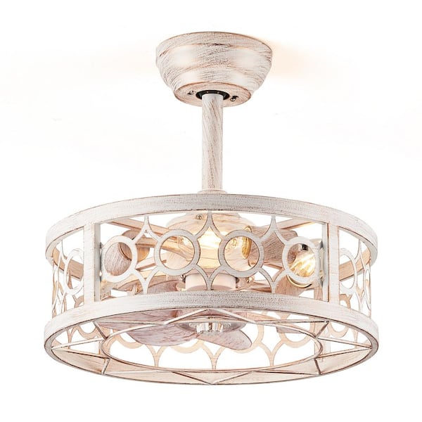 HINNIXY 16 in. Indoor White Gold Small Caged Fandelier Farmhouse Ceiling Fan with Light and Remote