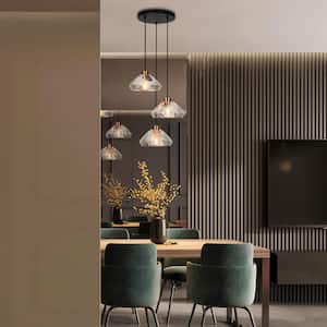 Modern 17.7 in. 3-Light Black and Plated Brass Chandelier with Textured Glass Shades Kitchen Island Ceiling Light