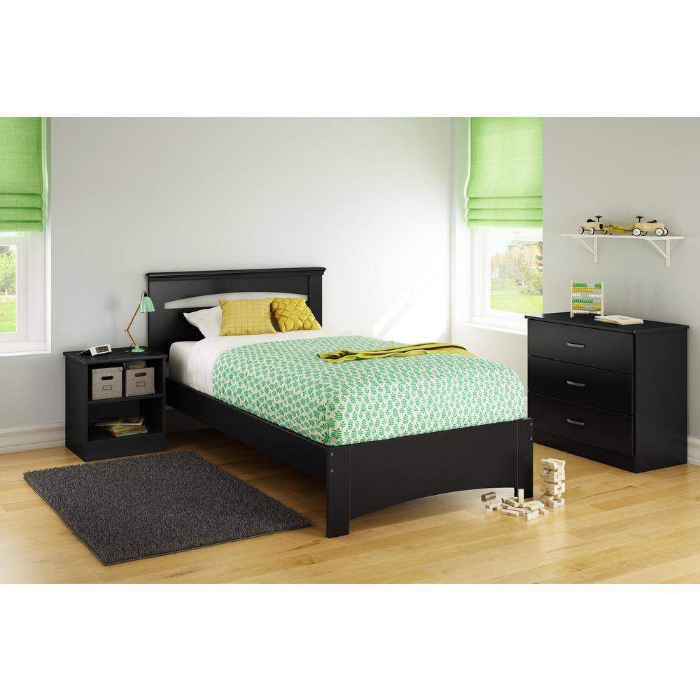 Black Twin Wood Platform Bed with Headboard and Drawer