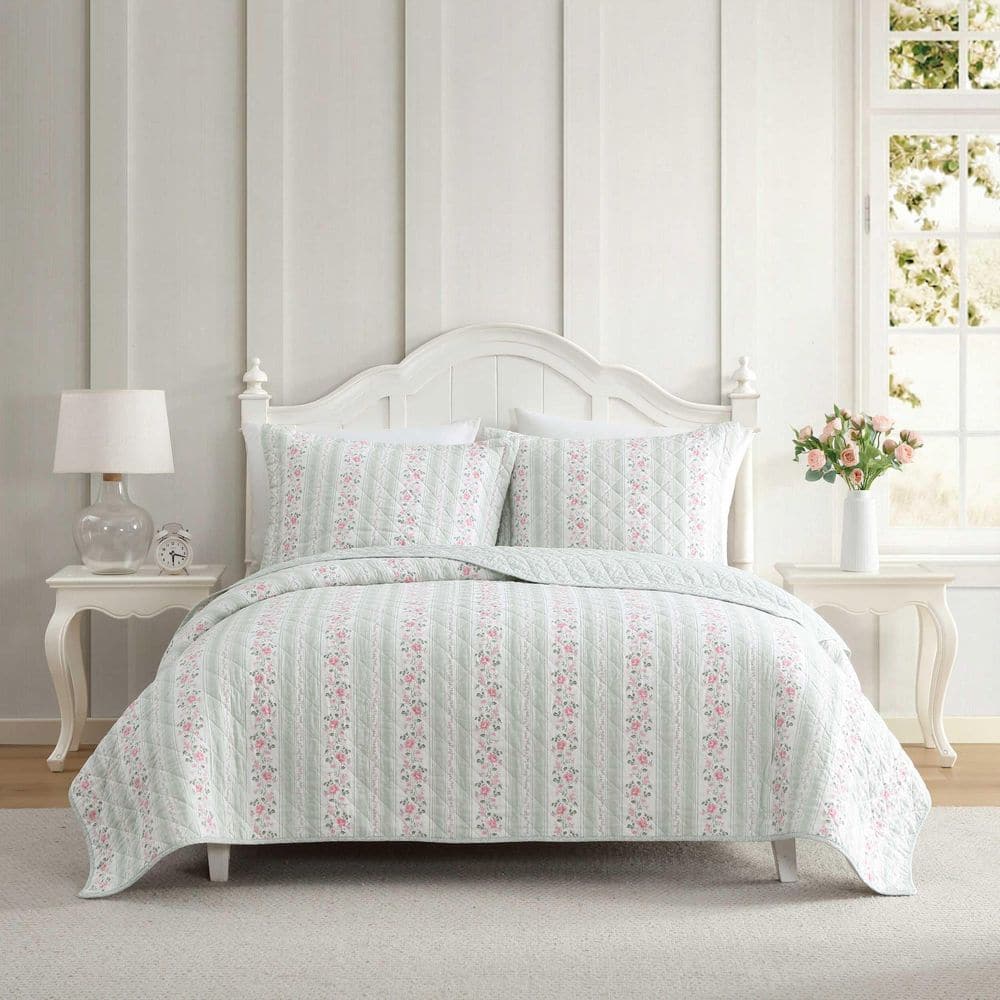 Rosebud Stripe 3-Piece White/Sage Green/Pink Cotton Percale Full/Queen Quilt Set price history on PriceWatchPro