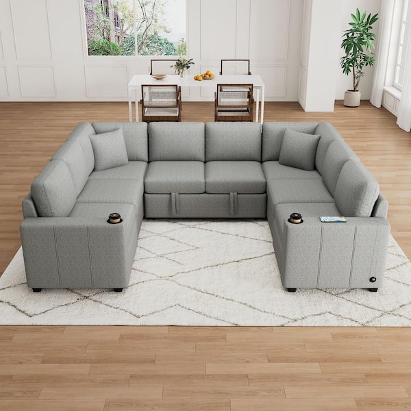 Marvello Modern 107.1 in. Chenille Upholstered U-shaped Sectional Sofa in Gray, Pull-out Sofa Bed with Cup Holders