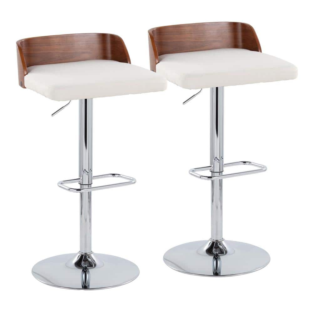Adjustable White Upholstered Swivel Barstool with Wood Backrest