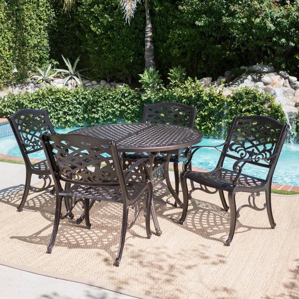 Andria Outdoor 7 Piece Aluminum Dining Set with Expandable Dining Table, Hammered Bronze