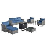 Eufaula Gray 10-Piece Wicker Patio Fire Pit Conversation Sofa Set with Swivel Rocking Chairs and Denim Blue Cushions