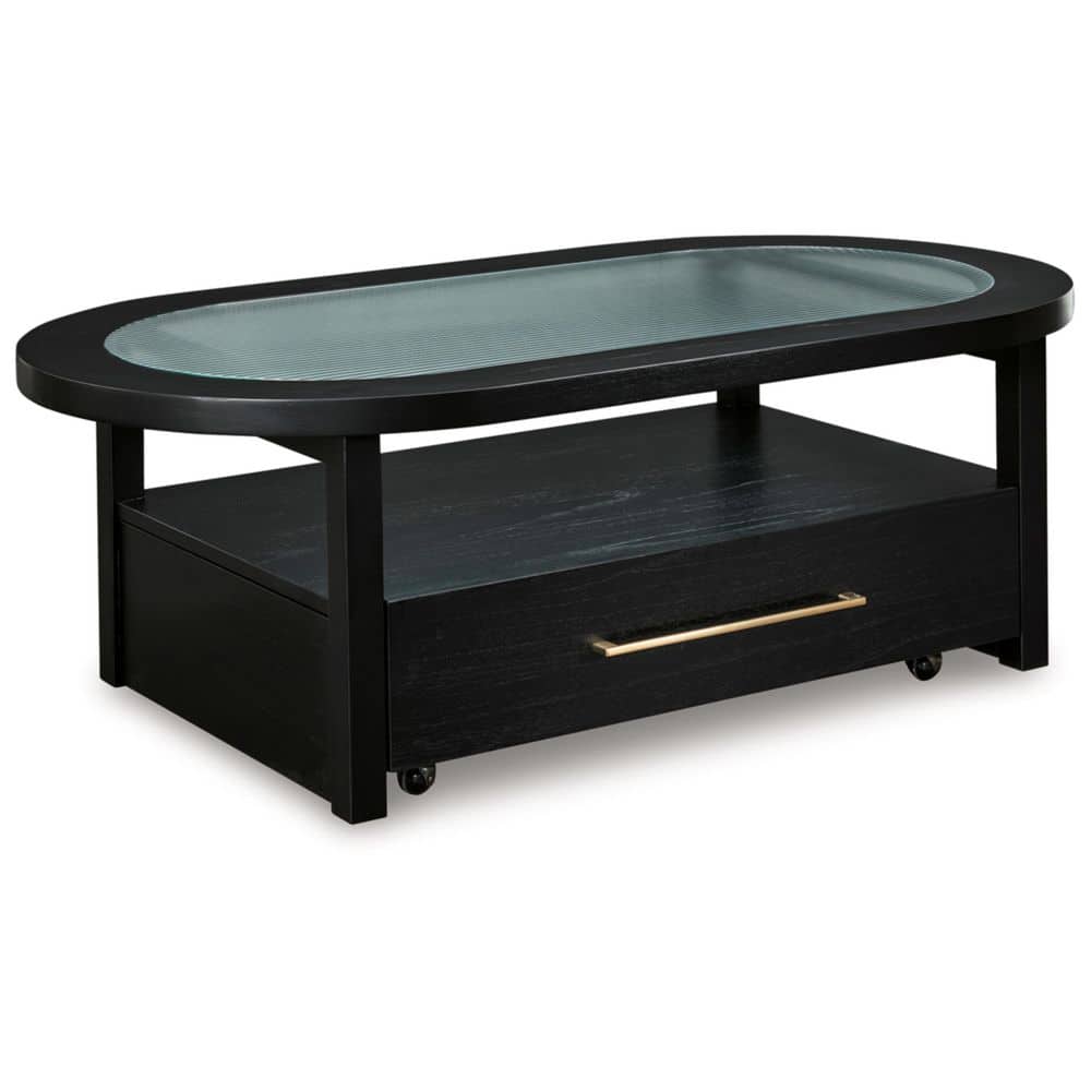 Black Oval Wood and Glass Lift-Top Coffee Table with Storage