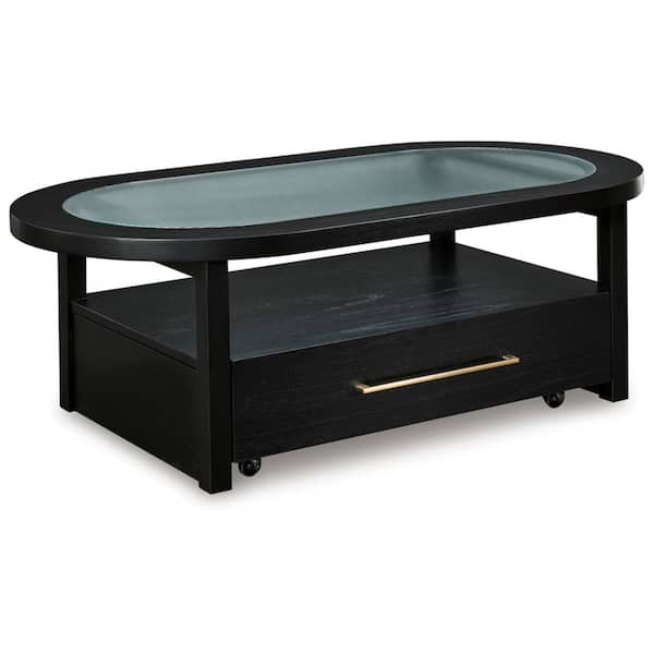 Winbardi 52 in. Black Oval Glass Coffee Table with Casters