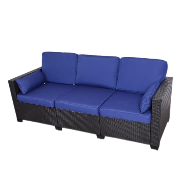 Black Wicker Rattan Outdoor Patio 3-Seat Sectional Couch with Blue Non-Slip Cushions