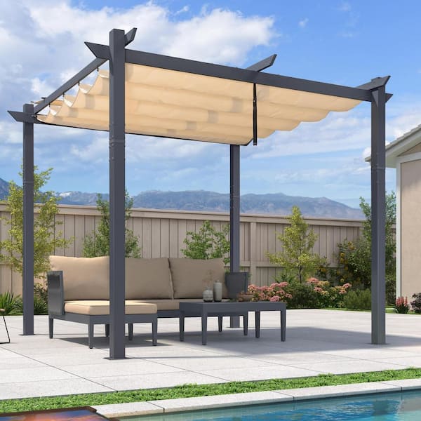10 ft. W x 10 ft. D Patio Dark Gray Aluminum Pergola with Khaki Adjustable Sun Shelter Canopy and Extra Canopy Top