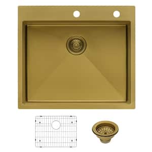 Terraza Brass Matte Gold Stainless Steel 25 in. x 22 in. Single Bowl Drop-In Workstation Kitchen Sink with Bottom Grid
