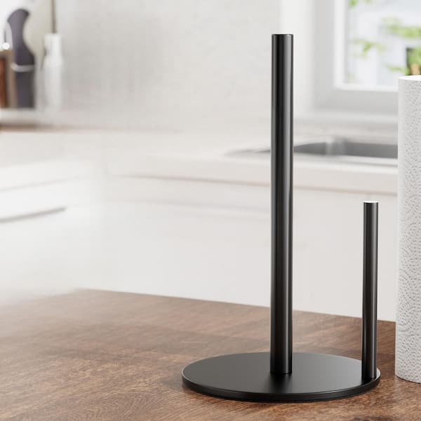 Free Standing Black Stainless Steel Paper Towel Holder, Countertop Roll Organizer with Weighted Base, in Black