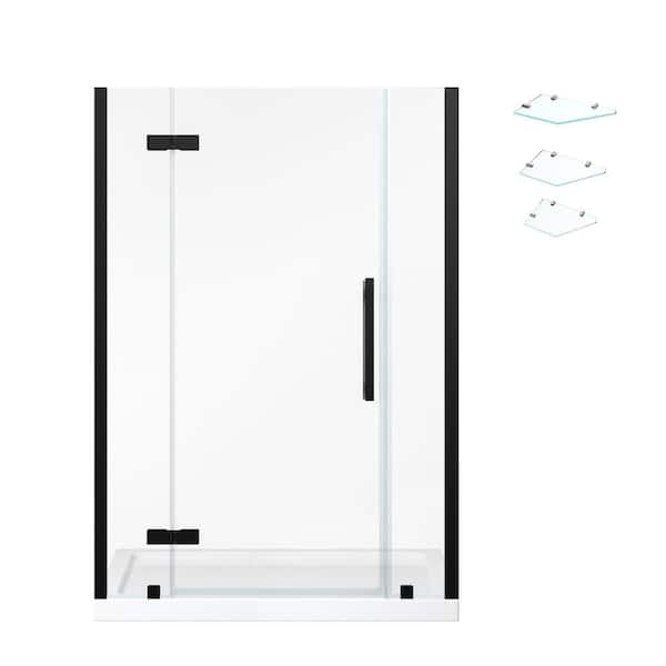 Tampa 48 in. L x 34 in. W x 75 in. H Alcove Shower Kit w/ Pivot Frameless Shower Door in Black w/Shelves and Shower Pan